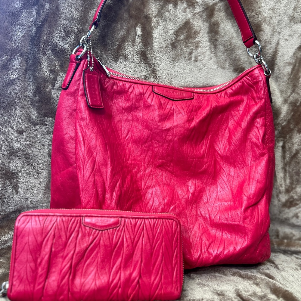Coach Raspberry Shoulder Bag & Wallet Set